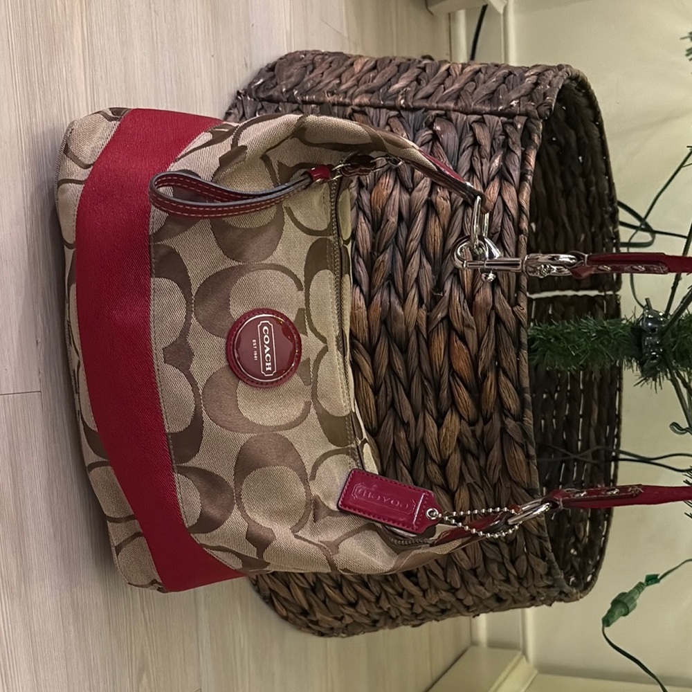 Coach Signature Canvas Tote Bag - Red and Beige